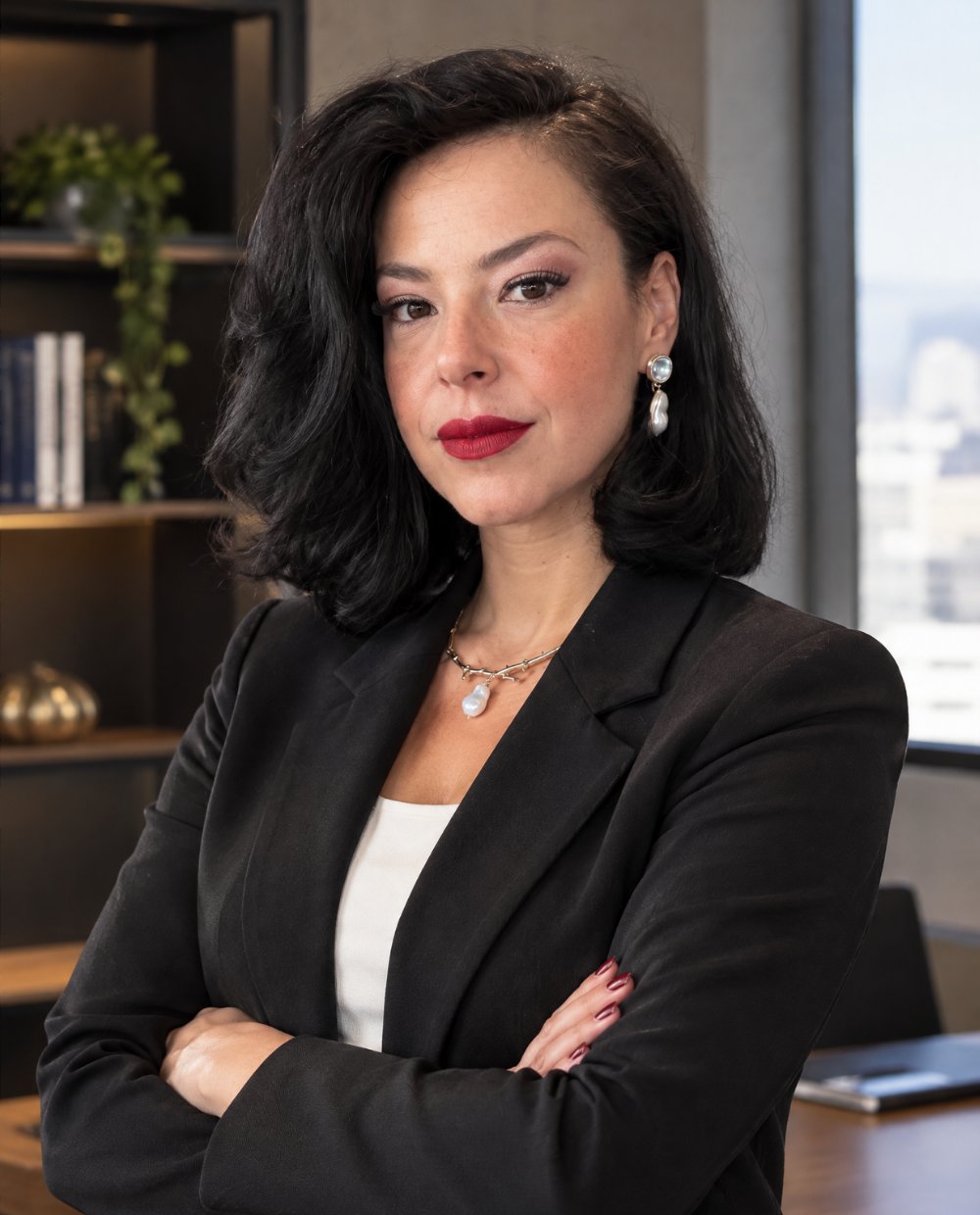 Zara Puzzio de braços cruzados em seu escritório