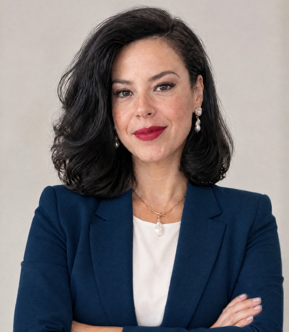Retrato de Zara Puzzio de braços cruzados